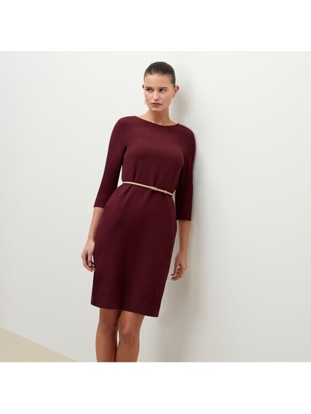 MM LaFluer Etsuko Dress Belted Maroon Burgundy Sheath Size 10 Boat Neck